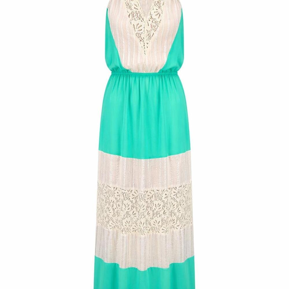 DejaVu Mint Green Lace Halter Maxi Dress Size M Boho Beachy Summer